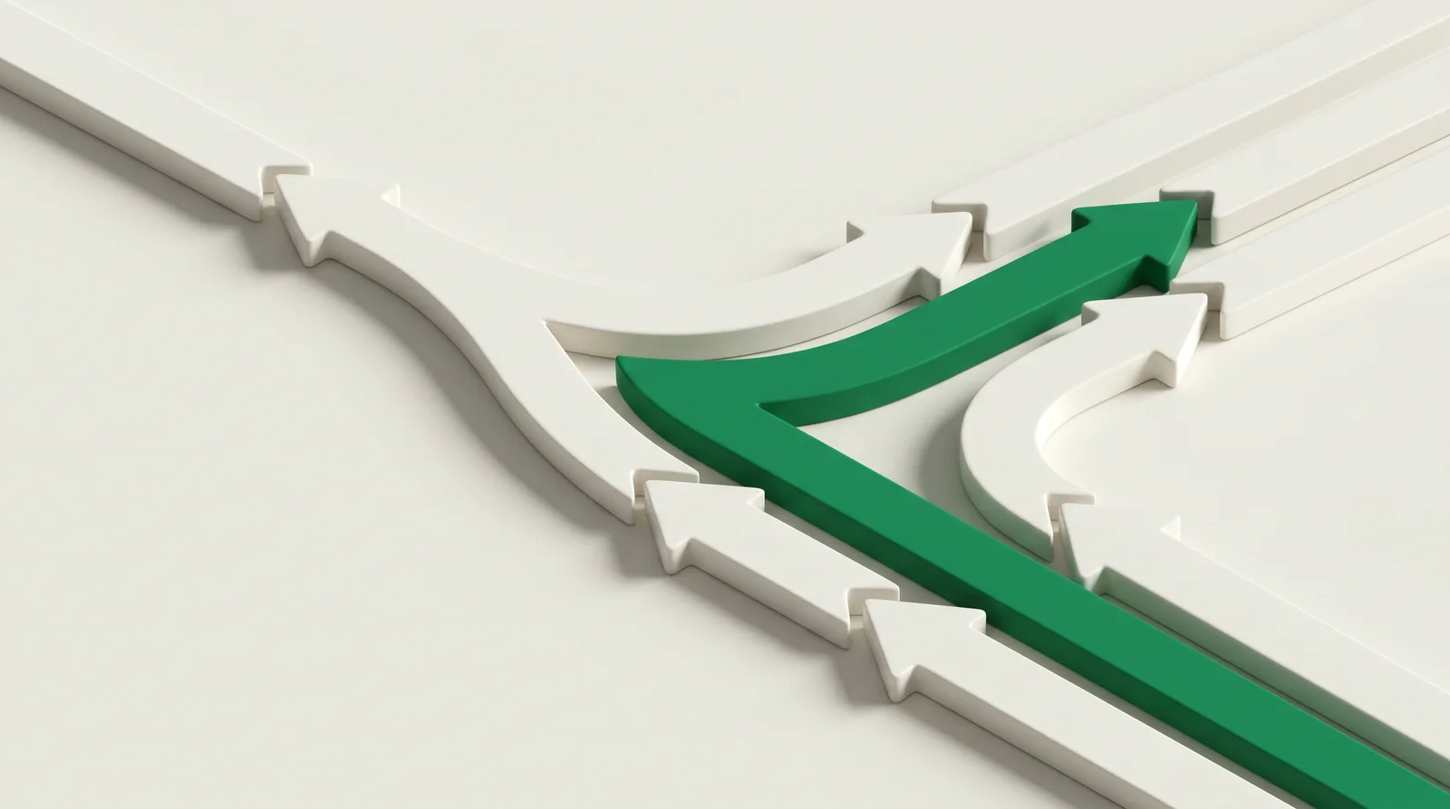 301-weiterleitungen-fuer-seo Verzweigende weiße und grüne 3D-Pfeile als Sinnbild für 301-Weiterleitungen im SEO