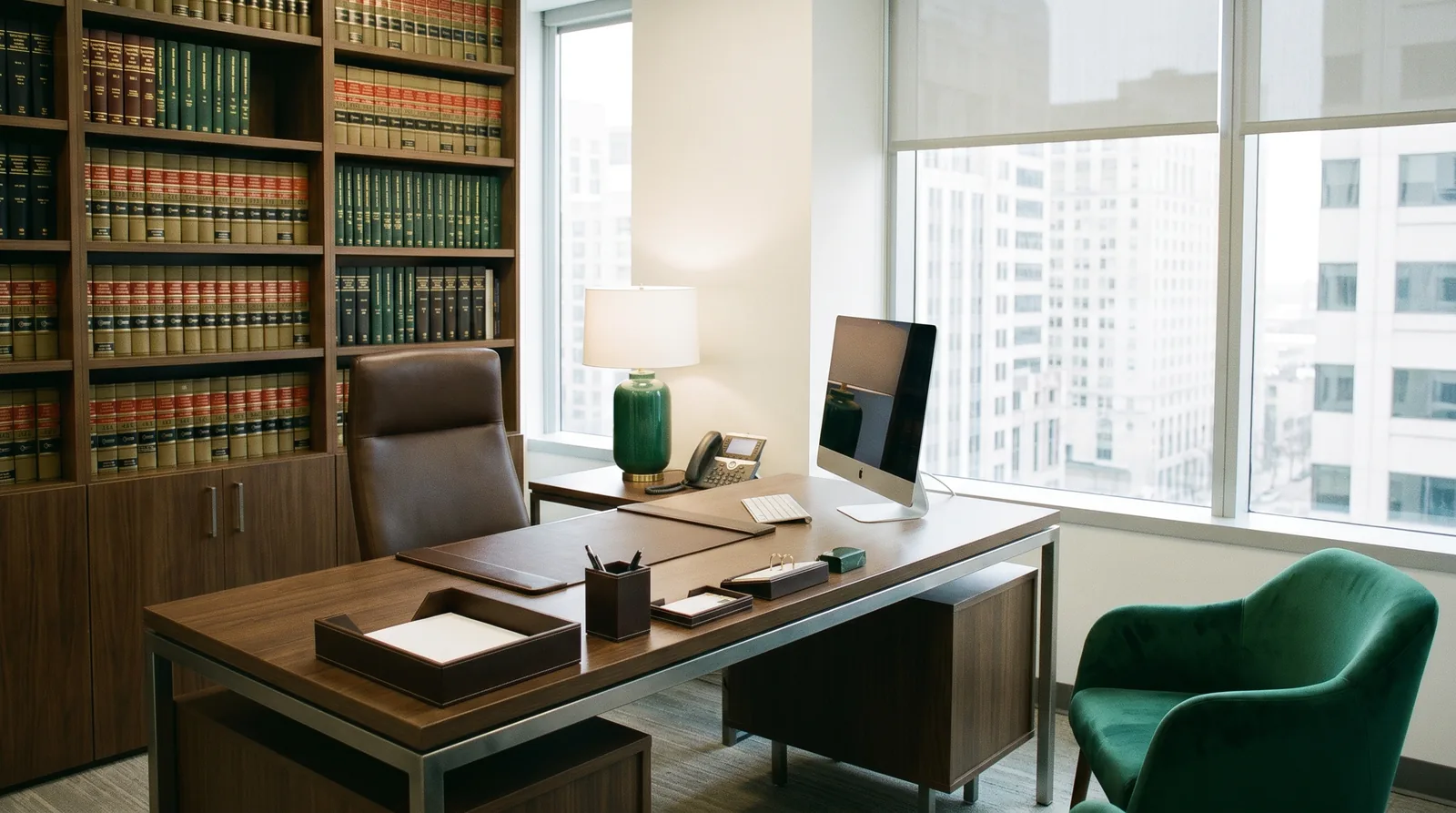 anwaelte Elegantes Anwaltsbüro mit Gesetzesbüchern und grünem Sessel als Sinnbild für SEO für Anwälte