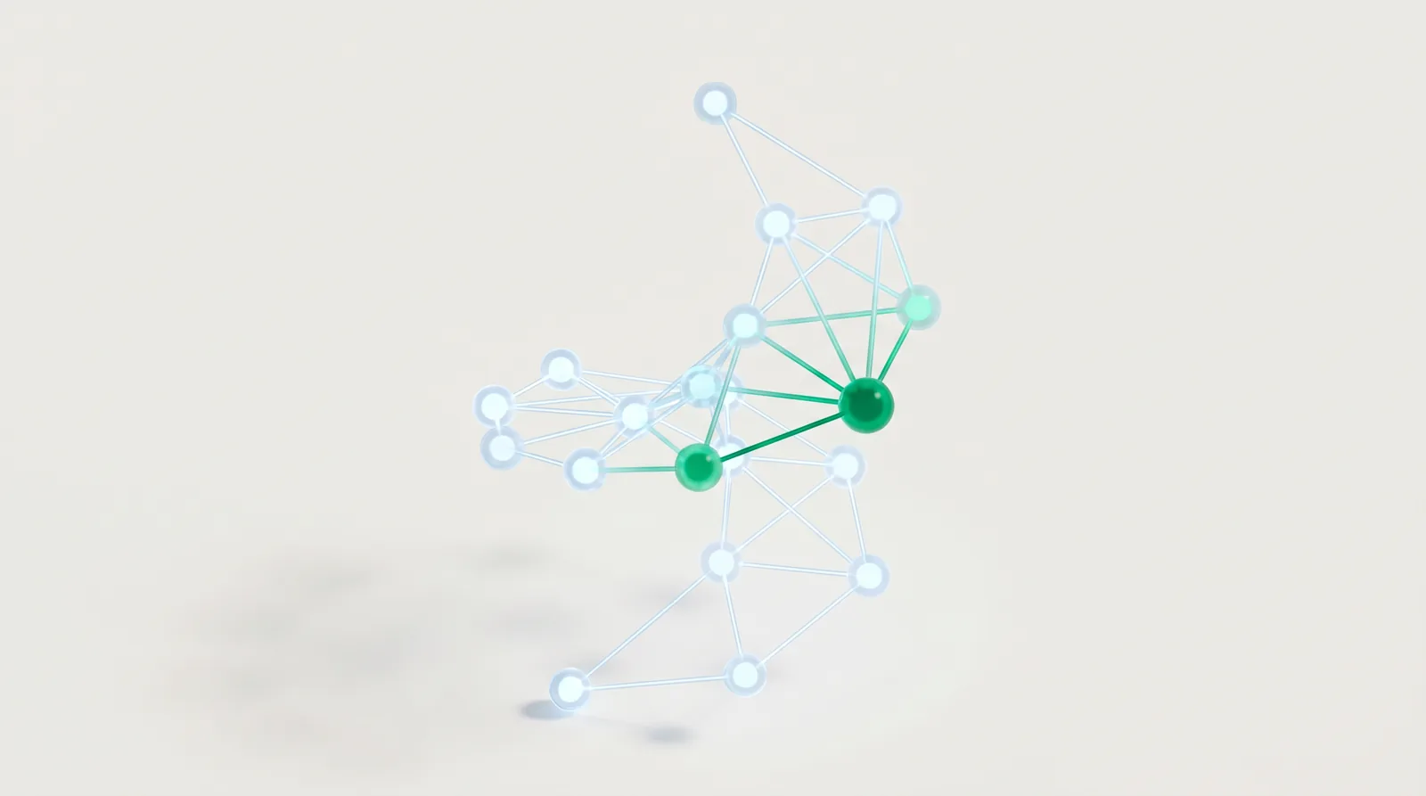 backlinks-aufbauen 3D-Netzwerk aus verbundenen Knotenpunkten, zwei grün hervorgehoben als zentrale Hubs beim Backlinks aufbauen