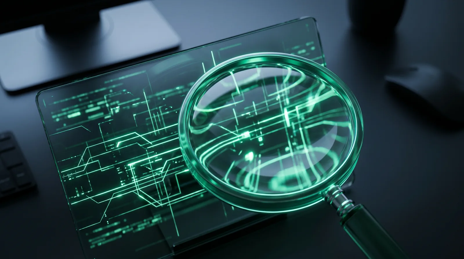 geo-audit Lupe über einem grün leuchtenden Schaltplan auf Glas als Sinnbild für die genaue Prüfung im GEO-Audit