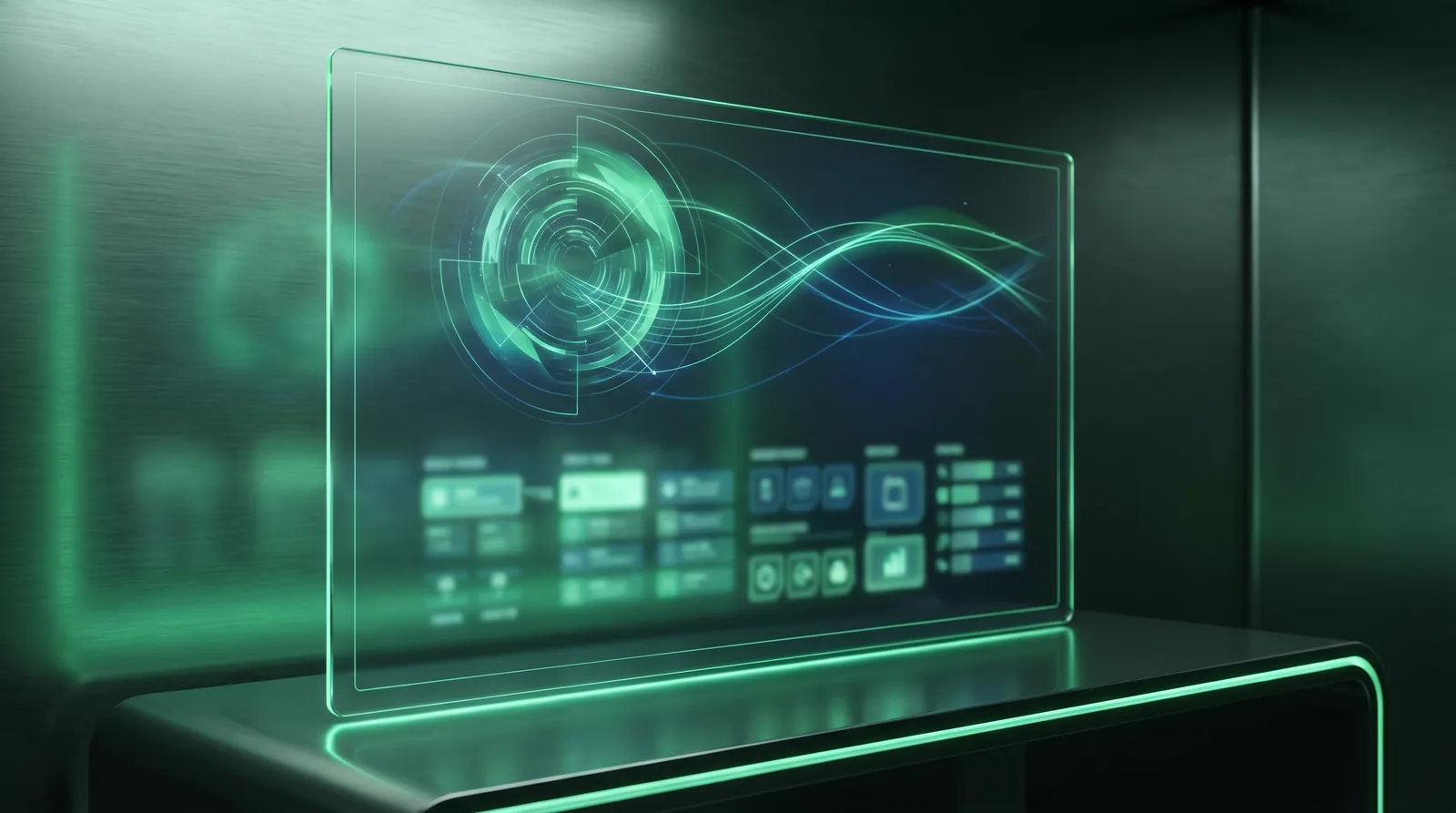 google-sge Transparentes Hologramm-Display mit grün-blauem Such-Interface und Datenkacheln als Sinnbild für Google SGE