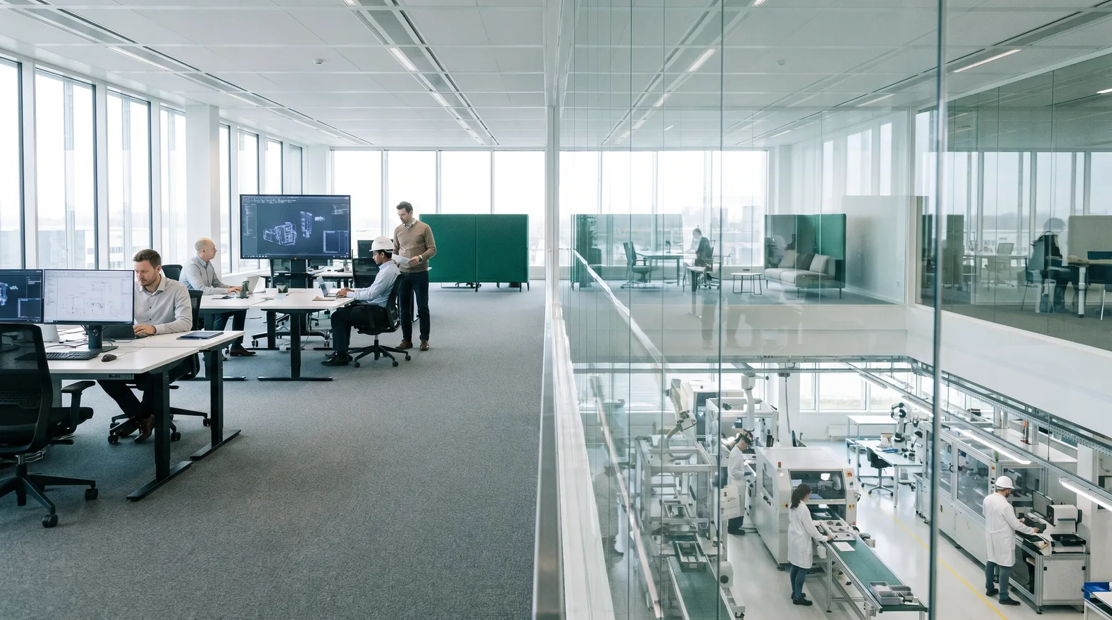 industrie Modernes Industrieunternehmen mit Großraumbüro und gläserner Fertigungshalle, B2B-SEO für die Industrie