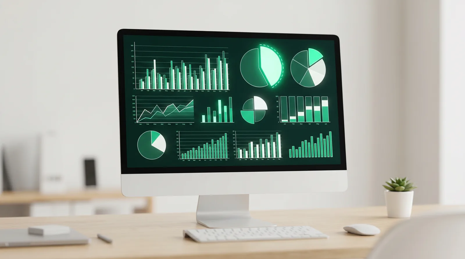 marktanalyse Bildschirm mit grünen Diagrammen, Balken- und Tortencharts als Dashboard für die Marktanalyse