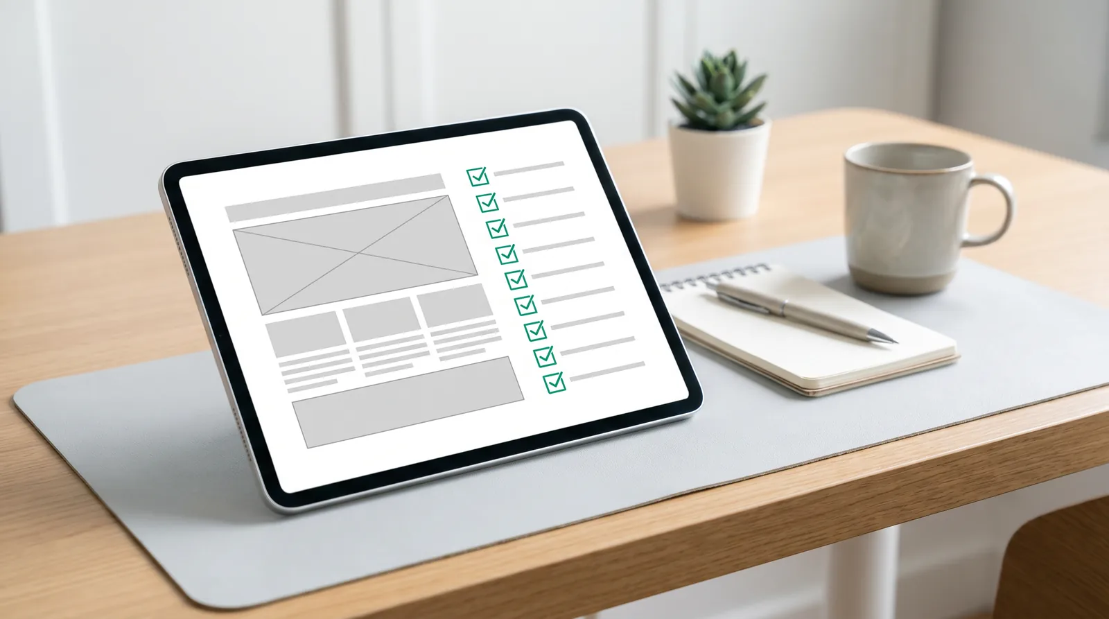 onpage-seo Tablet mit Website-Wireframe und grüner Häkchen-Checkliste für OnPage-SEO-Optimierung