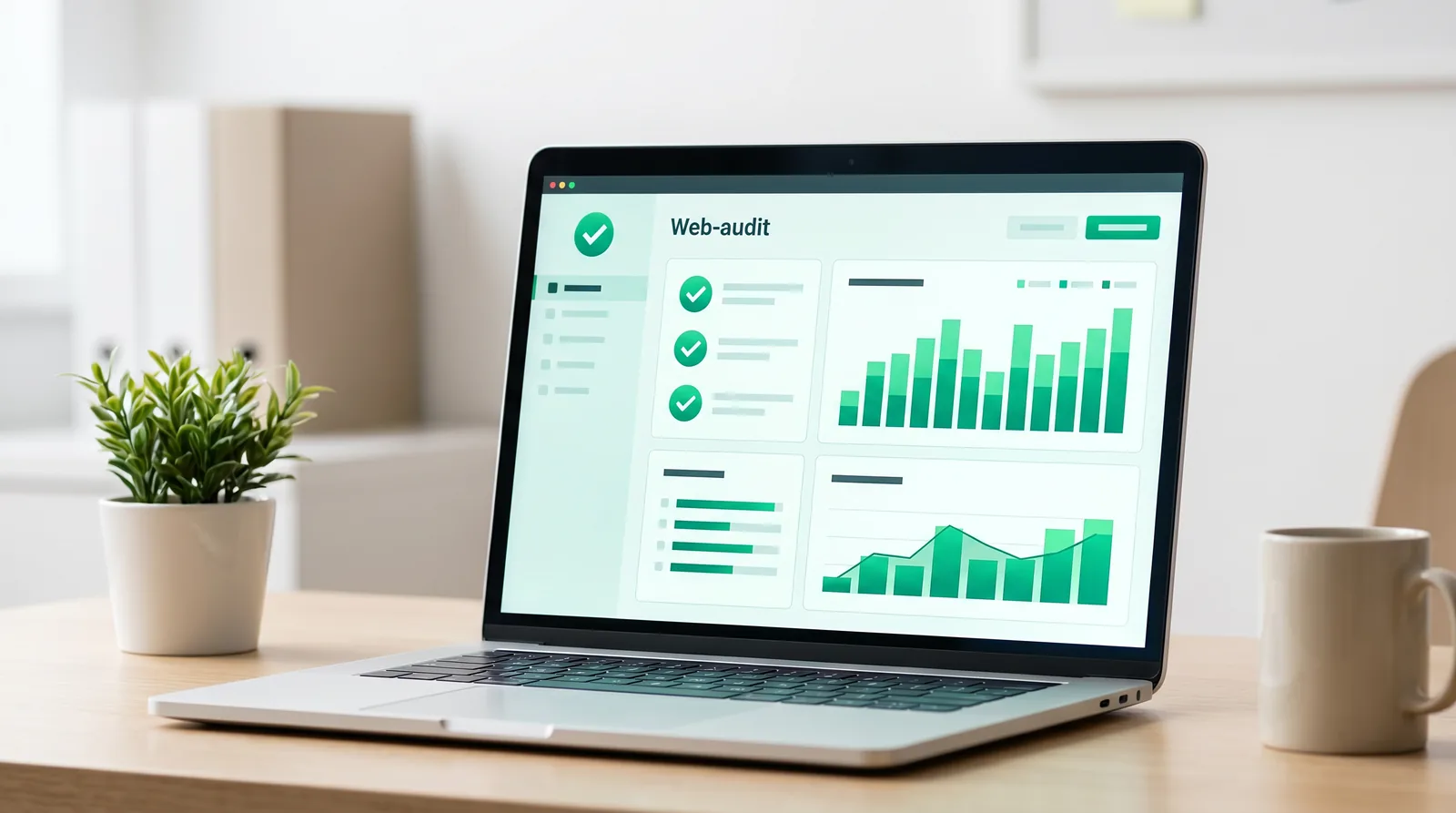seo-audit Laptop zeigt SEO-Audit-Dashboard mit grünen Häkchen, Balken- und Liniendiagrammen