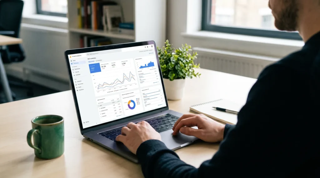 seo-experte SEO-Experte am Laptop mit SEO-Analytics-Dashboard, Kennzahlen und Charts im hellen Büro