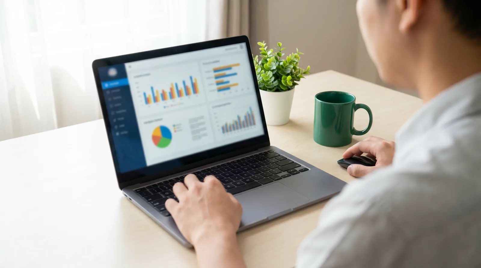 seo-freelancer SEO-Freelancer am Laptop mit Dashboard aus Balken- und Tortendiagrammen, grüne Tasse daneben
