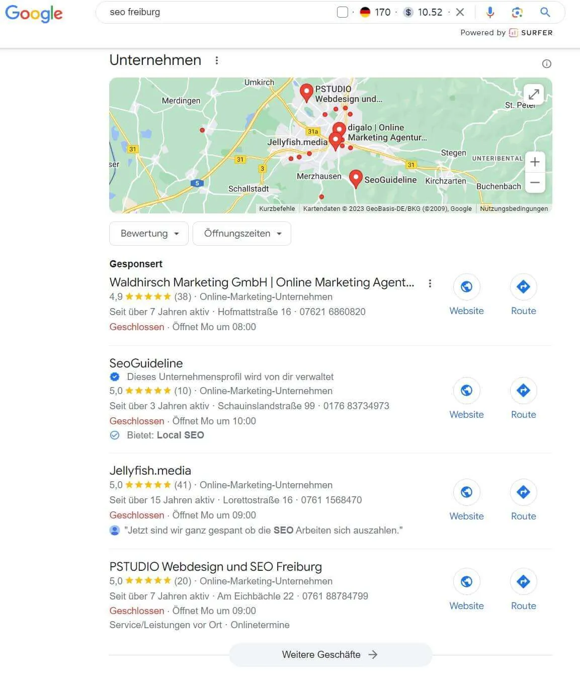Google-Suche seo freiburg mit Karte und SeoGuideline im lokalen Ergebnis-Ranking