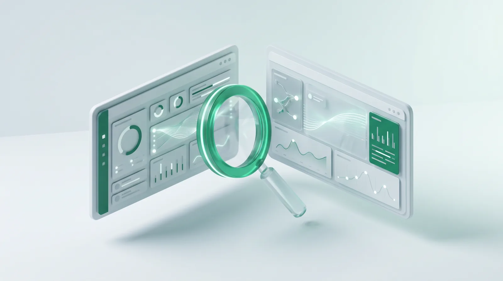 seo-konkurrenzanalyse Zwei schwebende Dashboard-Screens mit grüner Lupe davor, Sinnbild SEO-Konkurrenzanalyse