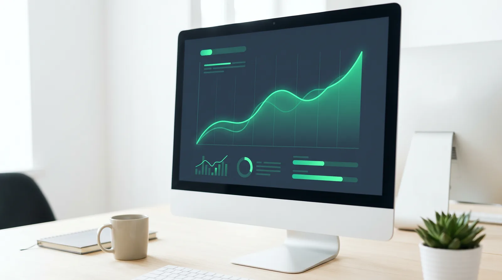 seo-optimierung Monitor mit steigender grüner Wachstumskurve und Mini-Charts auf dunklem Dashboard, SEO-Optimierung