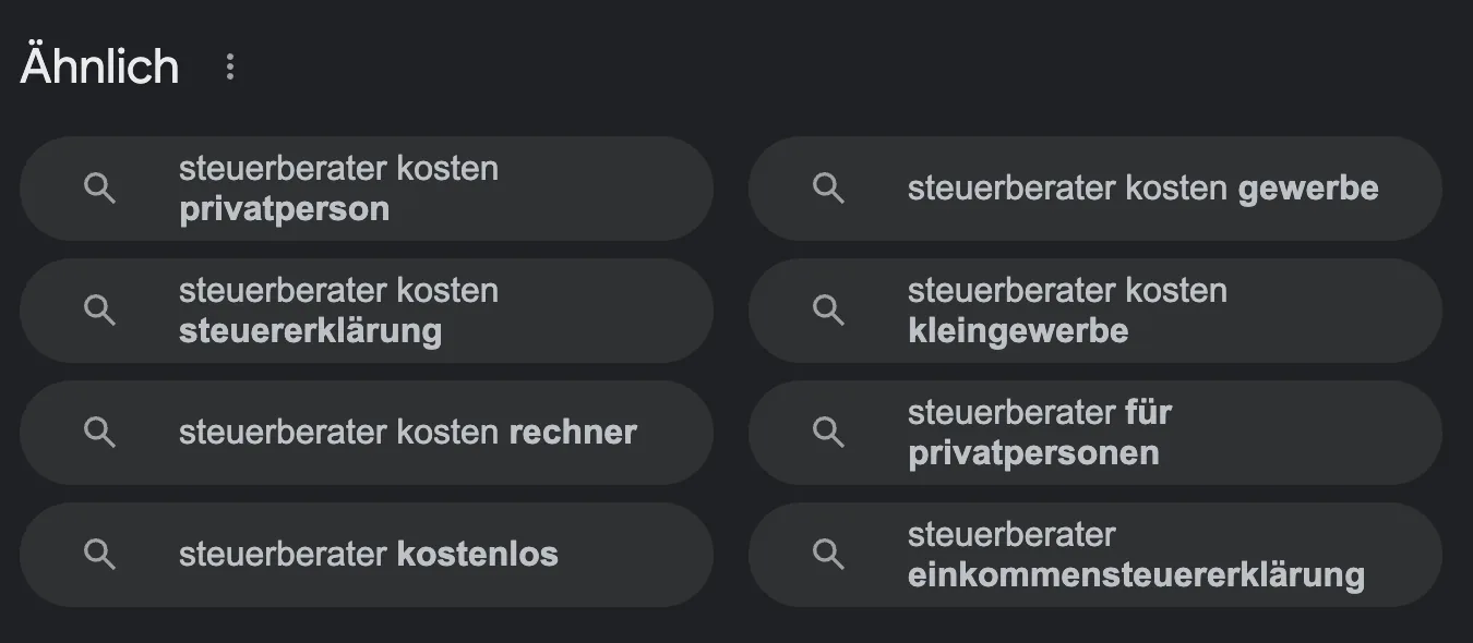 Ähnliche Suchanfragen zu Steuerberater bei Google: Hinweis auf spezialisierte Nischen und unterschiedliche Zielgruppen
