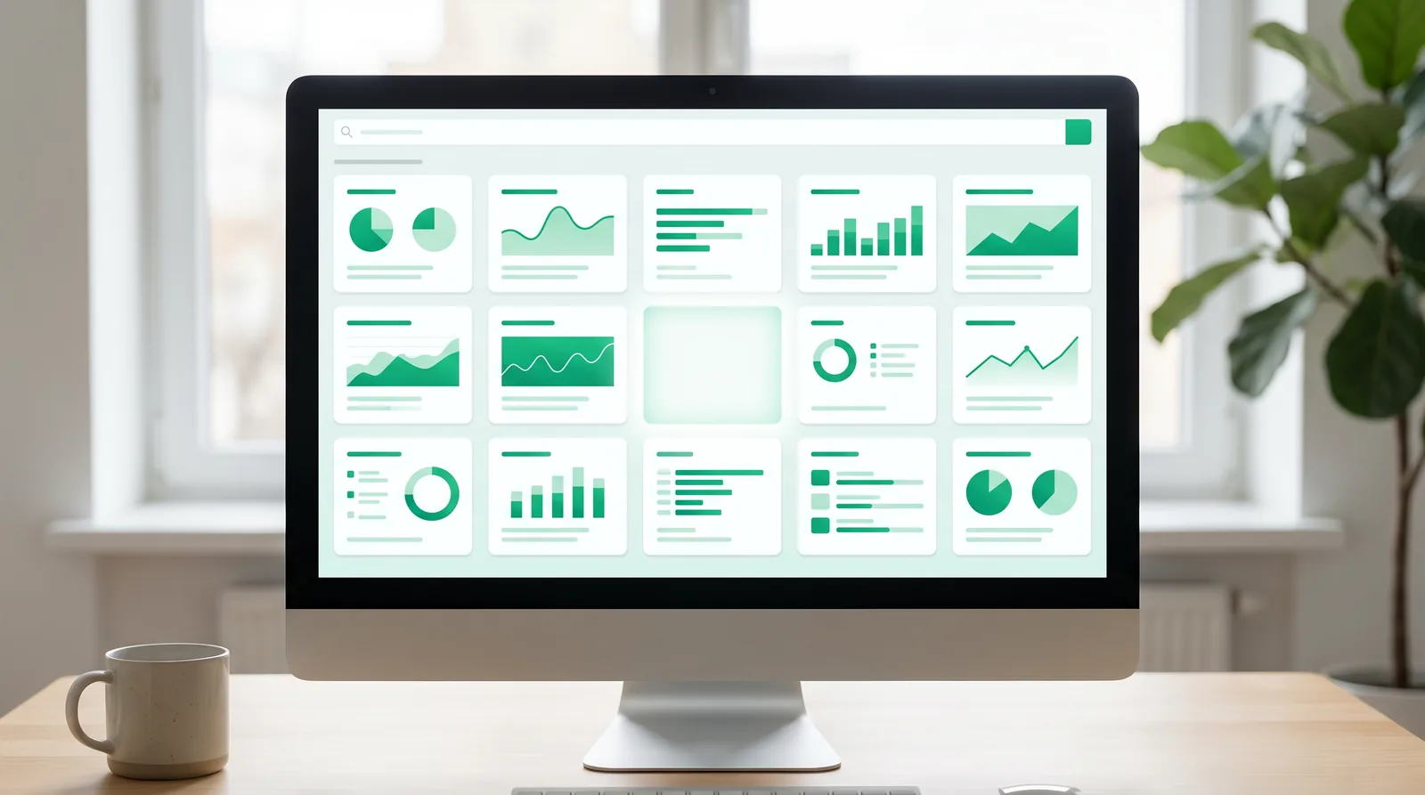 website-rankt-nicht-bei-google Monitor zeigt Dashboard aus grünen Diagramm-Kacheln mit einer auffällig leeren Kachel in der Mitte